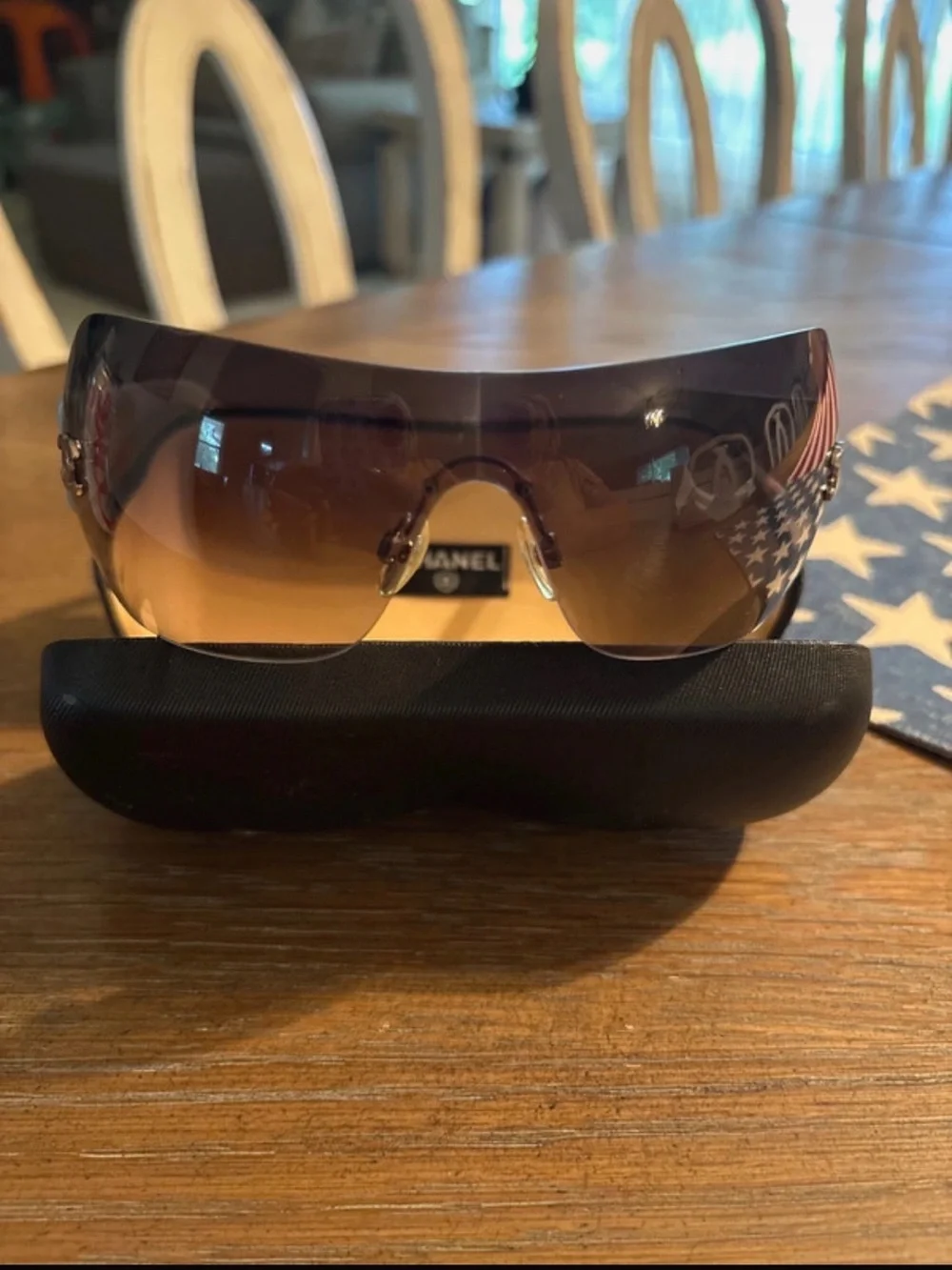 CHANEL White Quilted Temple Shield Sunglasses with Brown Gradient Lenses